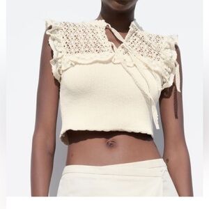 Zara Cream Lace Trim Combination Knit Top S